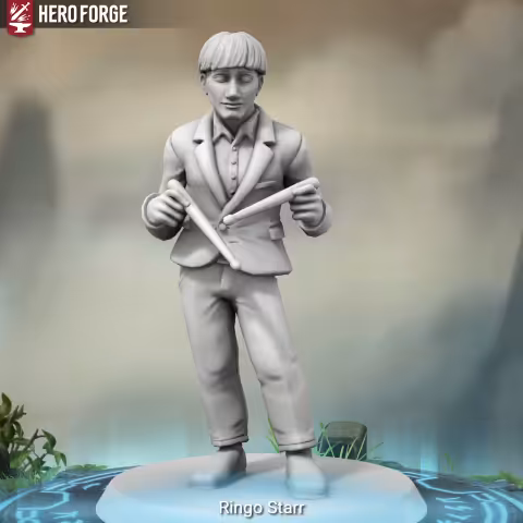 Screenshot from Heroforge of Ringo Starr playing invisible drums with drumsticks.